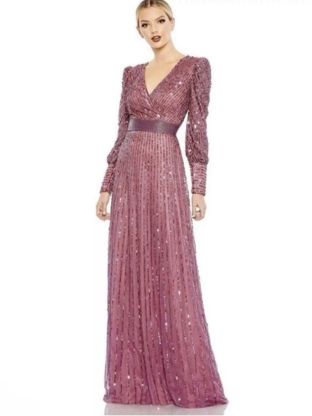 Mac Duggal Mauve Sequin V-Neck Maxi Gown Size 10 New